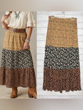 GiGiO Mixed Print Tiered Maxi Skirt Size L Boho Floral Leopard